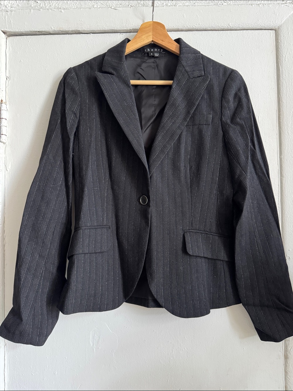 Theory Black Pinstripe One-Button Blazer
